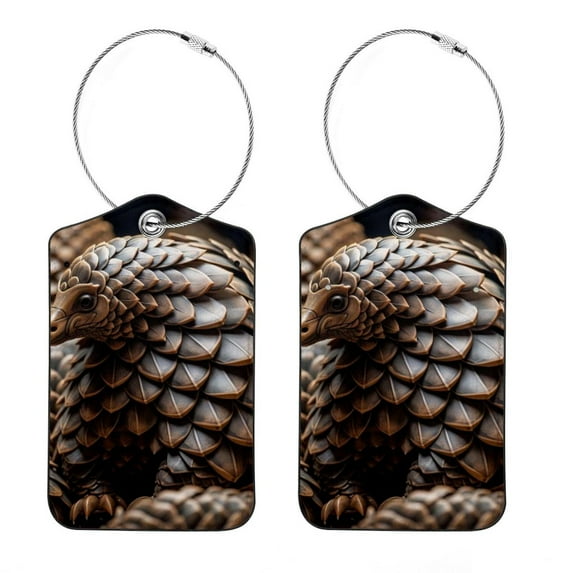 Unique Pangolin Square PU Leather 2 Pack Travel Tag - Bag Tag - Suitcase Tag with Privacy Cover and Stainless Steel Ring - Suitable for Travel, Backpack, and Handbag