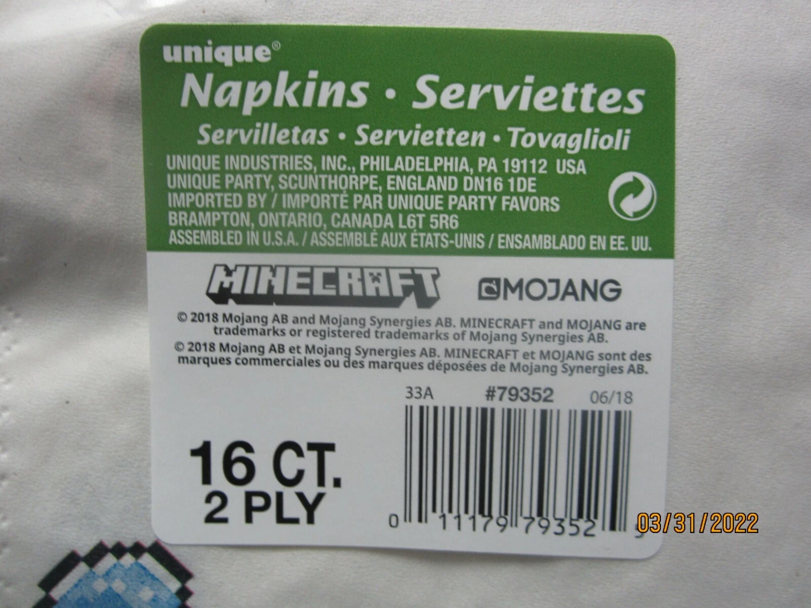 Unique Party Napkins Minecraft 16 Ct/2 Ply Packet Lot Of Three (3)!