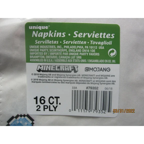 Unique Party Napkins Minecraft 16 Ct/2 Ply Packet Lot Of Three (3)!
