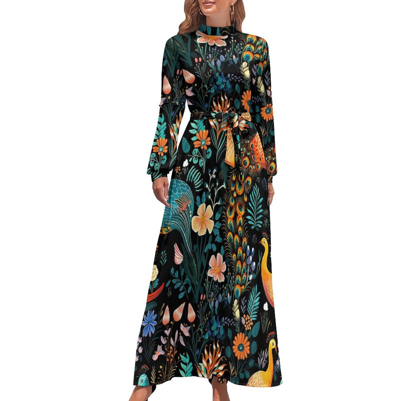 Unique Peacock Feather Dress High Waist Colorful Print Boho Beach Dresses Long Sleeve Stylish Long Maxi Dress Sexy Clothes Walmart