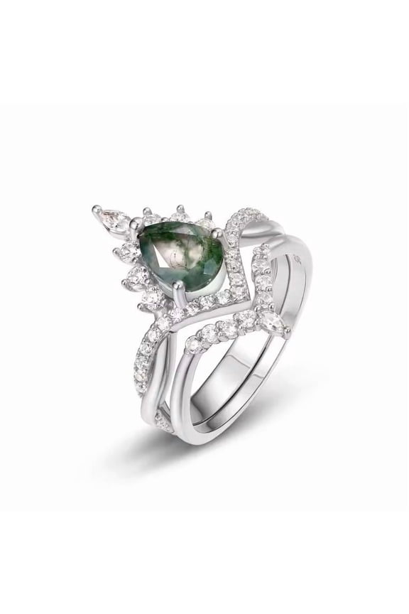 Unique Pear Cut Lab Created Moss Agate & Diamond Engagement Ring Set in Sterling Silver – Distinctive Wedding Agate Stacked Rings for Her, Elegant and Timeless Jewelry Gift