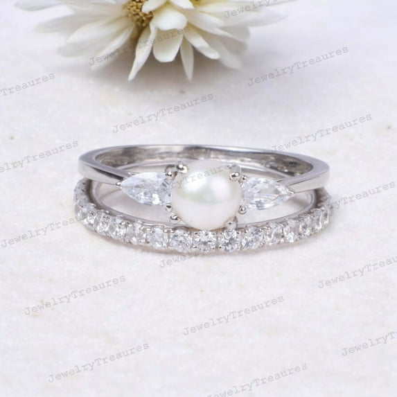 Unique Pearl Diamond Engagement Ring Set Sterling Silver Bridal Set Freshwater Pearl Round Wedding Ring Set Art Deco Vintage Promise Band Gifts