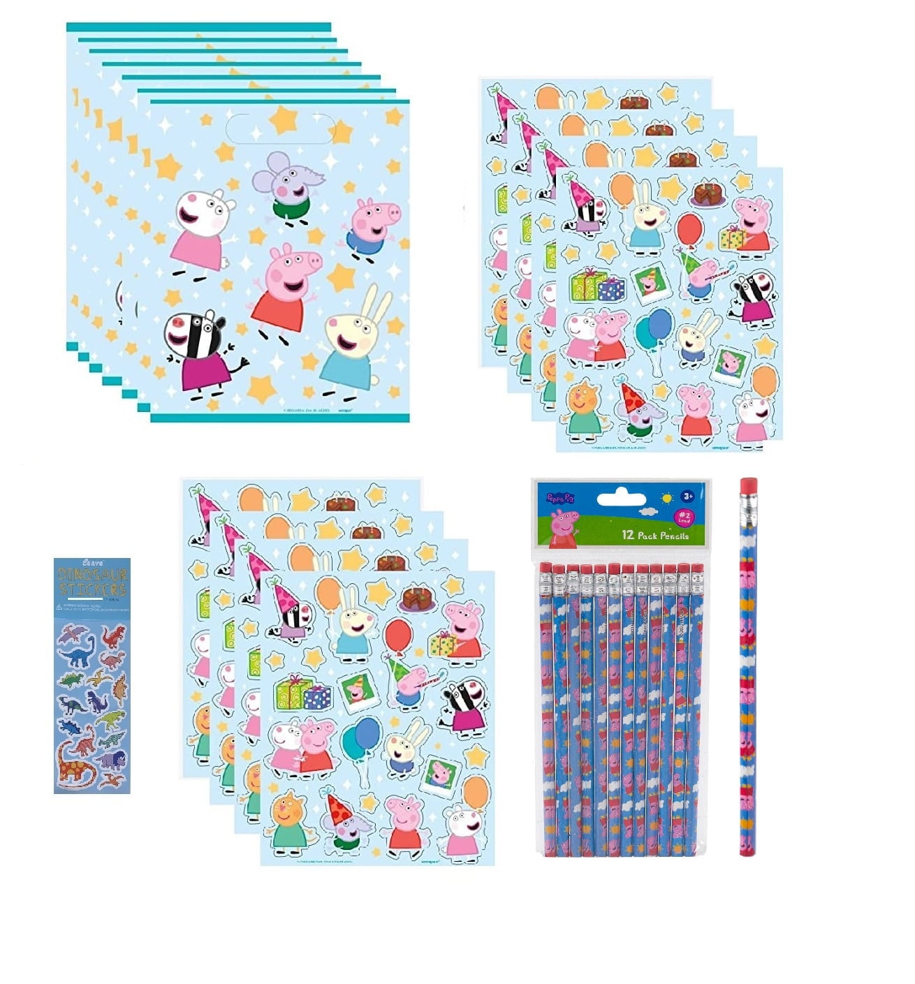 Unique Peppa Pig Bithday Party Supplies Favor Bundle Pack includes 8 Loot Bags, 8 Sticker Sheets, 12 Pencils, 1 Dinosaur Sticker Sheet