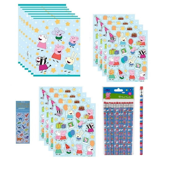 Unique Peppa Pig Bithday Party Supplies Favor Bundle Pack includes 8 Loot Bags, 8 Sticker Sheets, 12 Pencils, 1 Dinosaur Sticker Sheet
