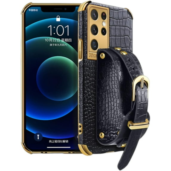 Unique Personality Crocodile Pattern TPU Phone case with Versatile Wristband Bracket for Samsung Galaxy A12 A13 A22 A23 A32 A42 4G 5G Edge Reinforced Shockproof Back Cover(Black,A23 4G/5G)