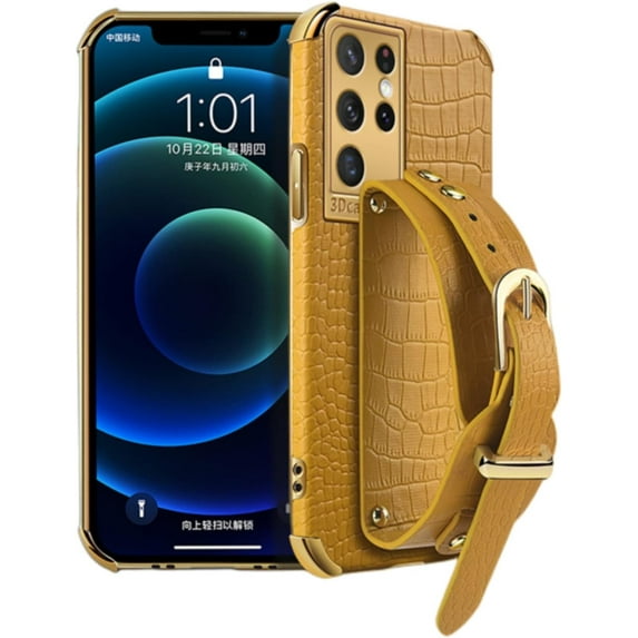 Unique Personality Crocodile Pattern TPU Phone case with Versatile Wristband Bracket for Samsung Galaxy A51 A52 S A53 A71 A72 A73 4G 5G Edge Reinforced Shockproof Back Cover(Yellow,A52 S)