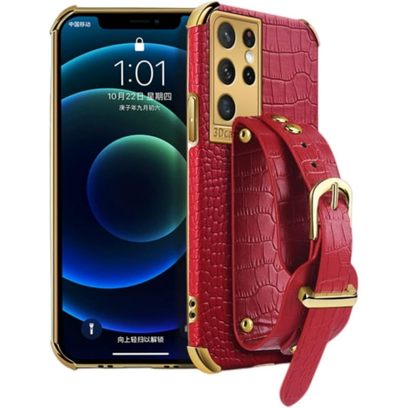 Unique Personality Crocodile Pattern TPU Phone case with Versatile Wristband Bracket for Samsung Galaxy Note 20 10 9 8 Ultra Pro Lite Edge Reinforced Shockproof Back Cover(Red,Note 8)