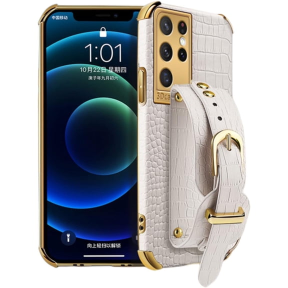 Unique Personality Crocodile Pattern TPU Phone case with Versatile Wristband Bracket for Samsung Galaxy S22 S21 S20 S10 Ultra Plus FE Lite Edge Reinforced Shockproof Back Cover(White,S21 FE)