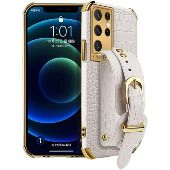 Unique Personality Crocodile Pattern TPU Phone case With Versatile Wristband Bracket For Samsung Galaxy S22 S21 S20 S10 Ultra Plus FE Lite Edge Reinforced Shockproof Back Cover(White,S21 Ultra)