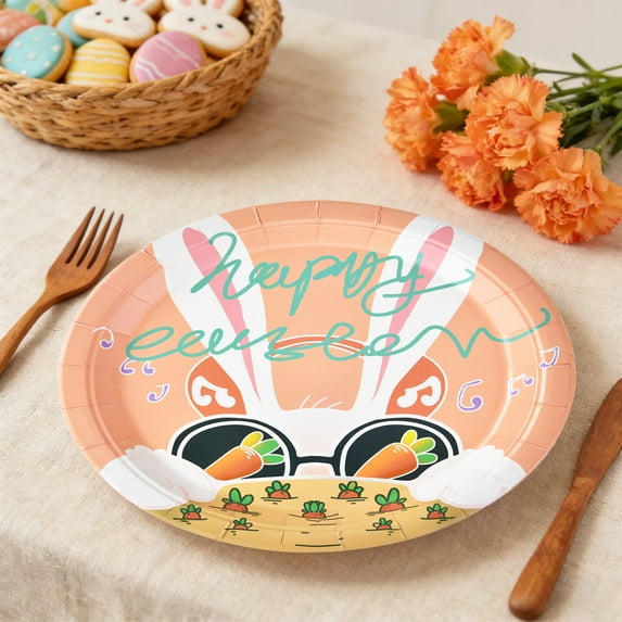 Unique Pink Cool Bunny Hoppy Easter! Oval Paper Plates Disposable Easter Dinner Plates - Festive Easter Design, Perfect for Holiday Wedding Spring Party Supplies Decoration2026