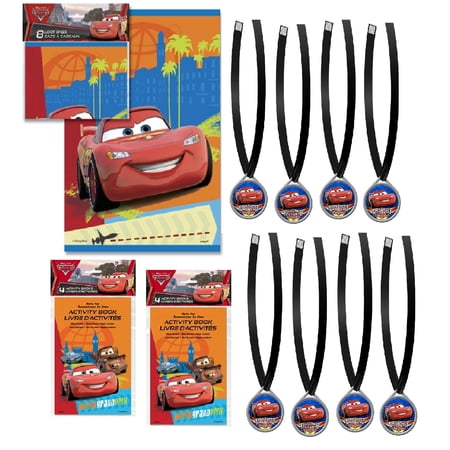 Unique Plastic Disney Cars Party Favors with Medals and Activity Books and Loot Bags, 24 Pieces