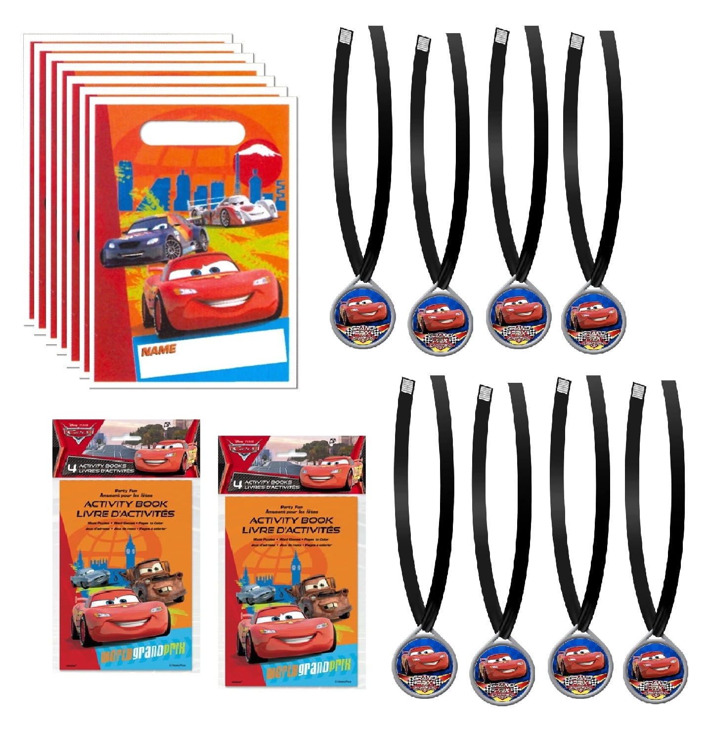 Unique Plastic Disney Cars Party Favors with Medals and Activity Books and Loot Bags, 24 Pieces