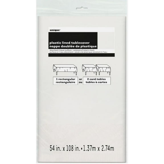 Unique Plastic Lined Paper Tablecloth, 108 X 54 in, White (Pack of 4)