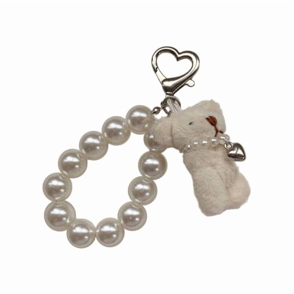 Unique Plush Bear Imitation Pearls Chain Heart Keychain Soft Keyring Bag Pendant Phone Charm for Phones and Bags