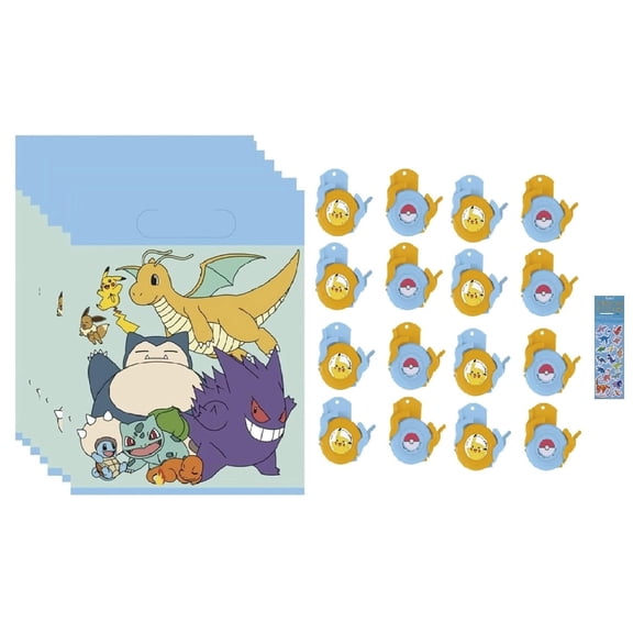 Unique Pokemon Birthday Party Supplies Favor Bundle includes 16 Plastic Loot Bags, 16 Disc Launchers, 1 Dino Sticker Sheet