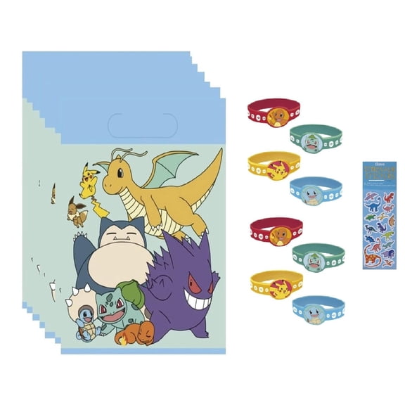 Unique Pokemon Birthday Party Supplies Favor Bundle includes 8 Plastic Loot Bags, 8 Rubber Bracelets, 1 Dino Sticker Sheet