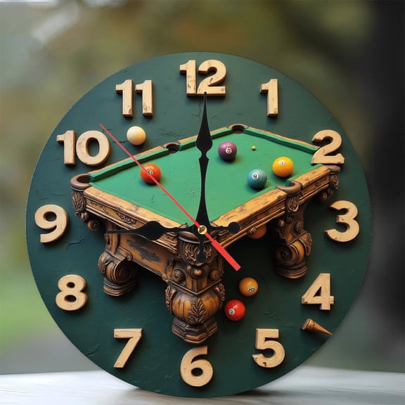 Unique Pool Table Clock Wall Decor Billiard Game Room Art 10-Inch Silent Wooden Wall Clock, Battery Operated (AA Batteries Not Included), Artistic Home Decor