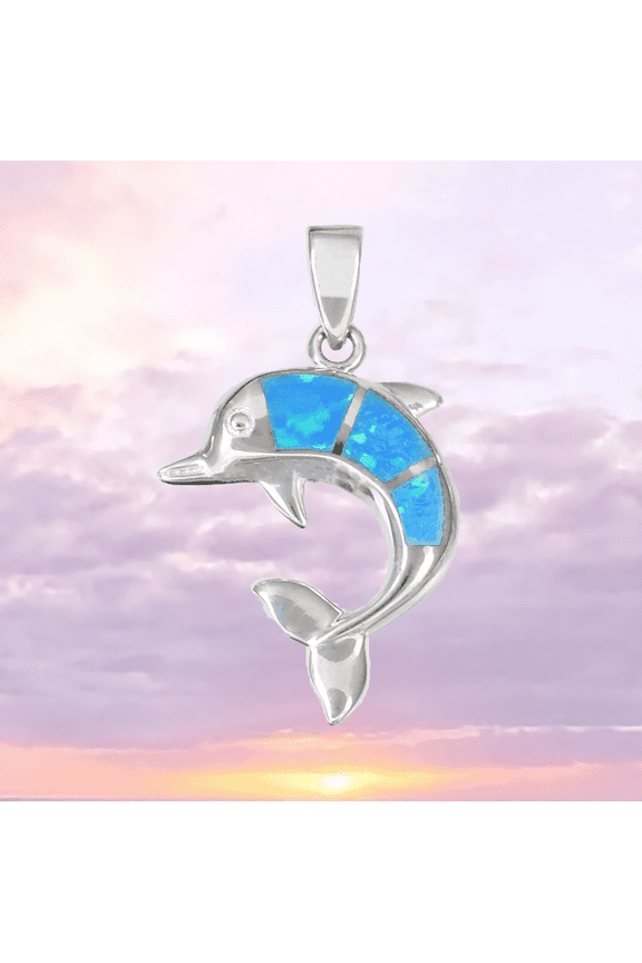 Unique Pretty Hawaiian Blue Opal Dolphin Necklace, Sterling Silver Opal Dolphin Pendant, N2025 Birthday Valentine Mom Gift, Island Jewelry