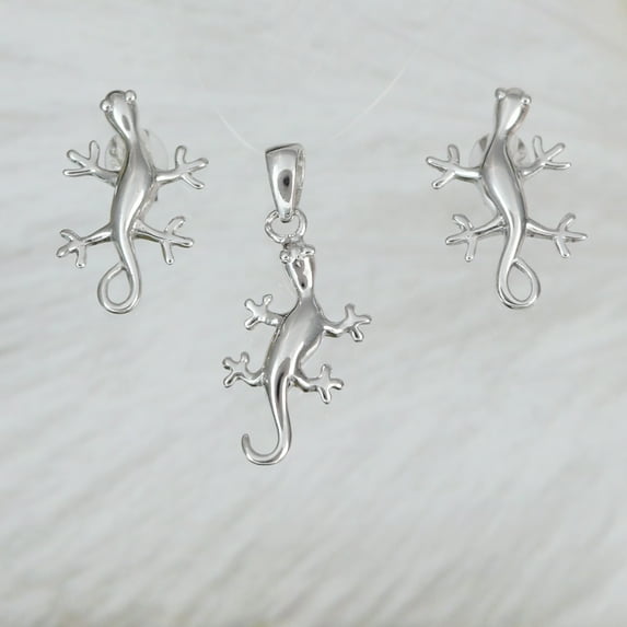 Unique Pretty Hawaiian Gecko Necklace and Earring, Sterling Silver Gecko Lizard Charm Pendant, N2007S Birthday Valentine Wife Mom Gift