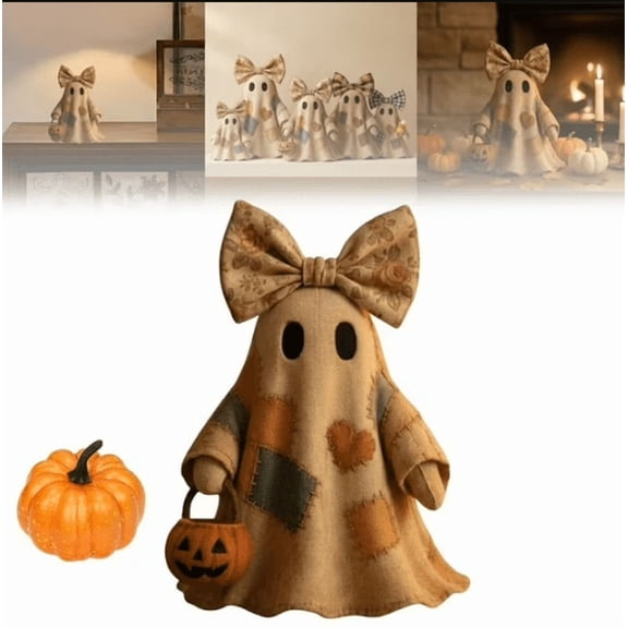 Unique Primitive Patchwork Ghost Halloween Figurine - Rustic Country Fabric Ghost Doll with Floral Bow and Jack-o'-Lantern Bucket, Cozy Fall Tabletop Decoration