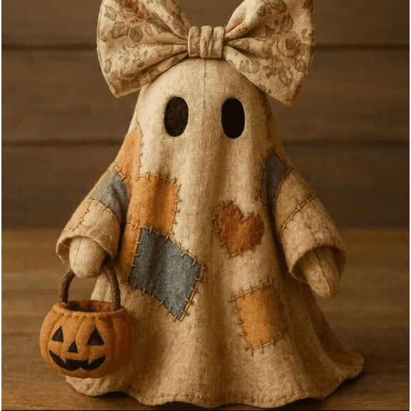 Unique Primitive Patchwork Ghost Halloween Figurine, Rustic Country Fabric Ghost Doll with Floral Bow and Jack-o'-Lantern Bucket, Cozy Fall Tabletop & Room Decoration