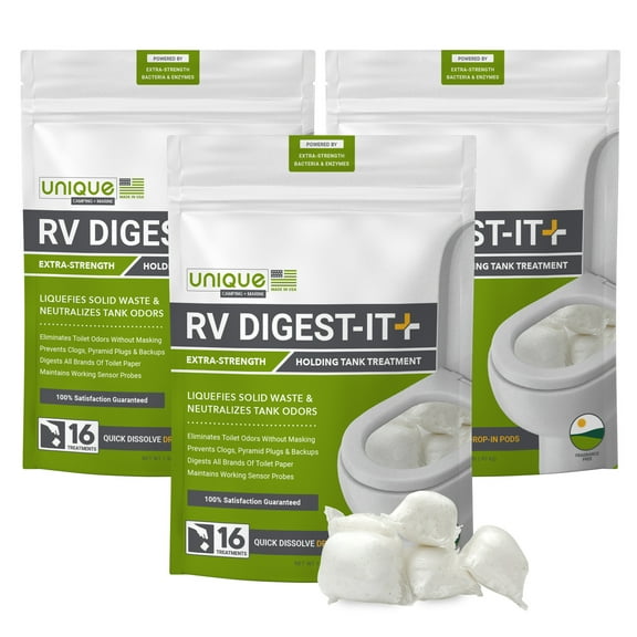 Unique RV Digest-It Plus, Extra-Strength RV Toilet Treatment, Camper Toilet Treatment Eliminates Odors, Prevents Clogs (16 Count, Pack of 3)