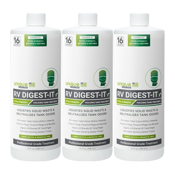 Unique RV Digest-It Plus Extra-Strength RV Black Tank Treatment, Camper Toilet Treatment Eliminates Odor, Prevents Clogs (32 oz, Pack of 3)