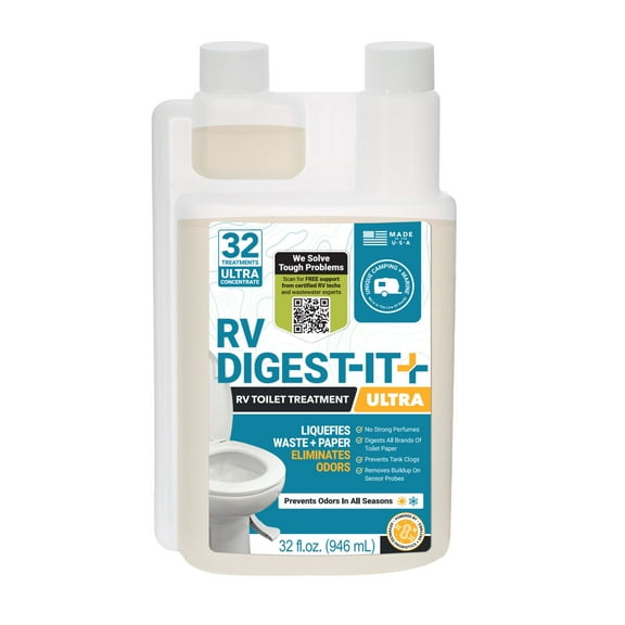 Unique RV Digest-It Ultra, 32 RV Toilet Treatments for RV Black Tanks, Extra-Strength Super Concentrated Liquid, Packaging May Vary, 32 oz