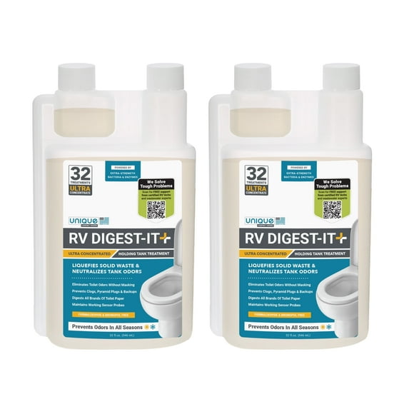 Unique RV Digest-It Plus Ultra-Concentrate, 64 Extra-Strength Liquid RV Toilet Treatments for RV Black Tanks (32 oz, Pack of 2)