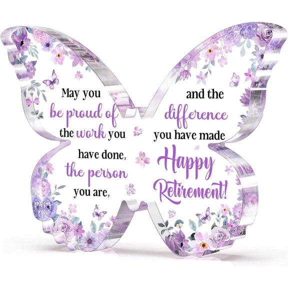 Unique Retirement Gift for Woman Men 2026, 5x3.8x0.5 Inch Purple Butterfly Acrylic Plaque Decor with Warm Words, Best Retirement Gifts for Coworker Teacher Friend Nurse Boss