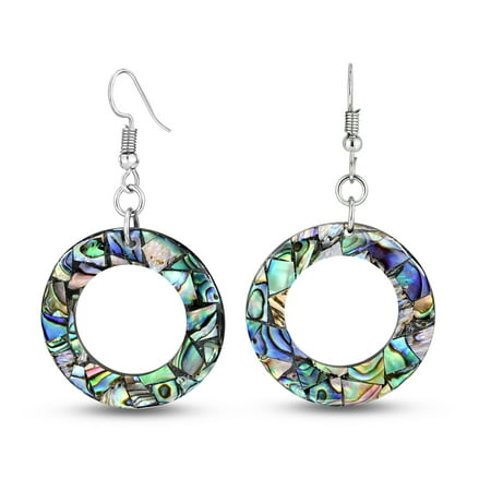 Unique Round Circular Frame Abalone Shell Dangle Earrings