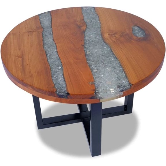 Unique Round Coffee Table Teak Wood Resin End Side Table Pure Handmade for Home Office Living Room Furniture Decor 23.6