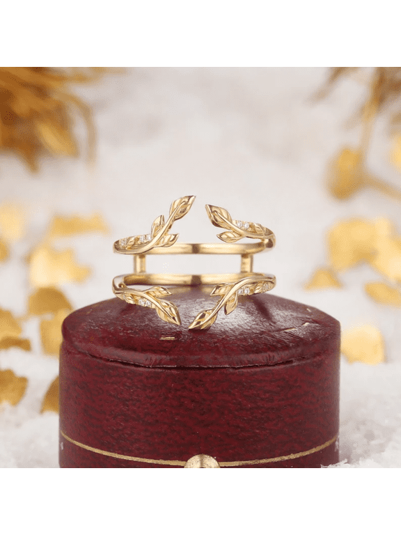 Unique Round Cut Diamond Double Curved Wedding Band in 14K Yellow Gold Vermeil- Leaf Ring Enhancer Promise Custom Anniversary Rings For Women
