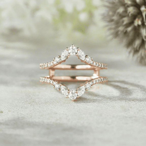 Unique Round & Marquise Cut Diamond Double Curved Engagement Ring Enhancer in 14K Rose Gold Vermeil- Stacking Promise Rings