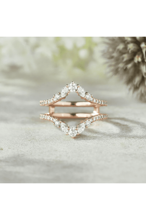 Unique Round & Marquise Cut Diamond Double Curved Engagement Ring Enhancer in 14K Rose Gold Vermeil- Stacking Promise Rings