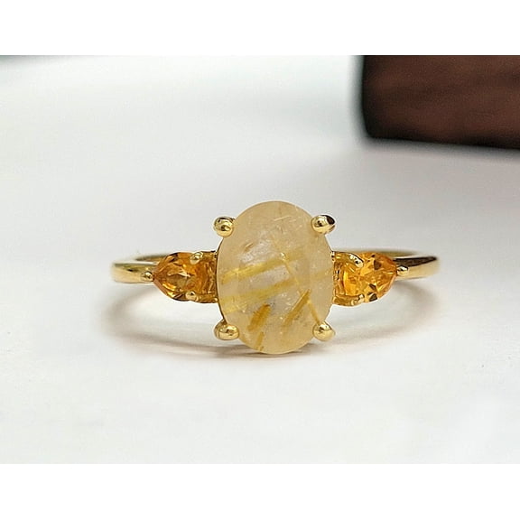 PILWALS Anniversary Gold Rutile Quartz Engagement Ring 925  Sterling Silver, Gift for love