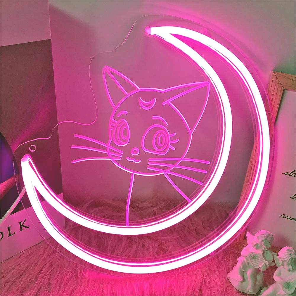 Unique Sailor Moon Luna Neon Sign, Luna Cat Neon Light Sign for Bedroom