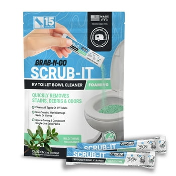 Unique Scrub-It Foaming RV Toilet Cleaner - Wild Thyme Scent, 15 Count Stick Packs, Premeasured, No-Mess, Grab-and-Go Powder Removes Stains from RV Toilet Bowls, Helps Lubricate Valves and Seals