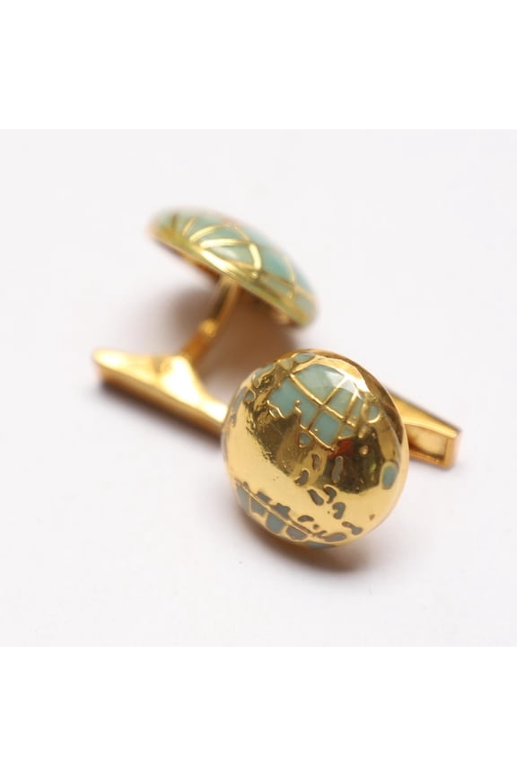 Unique Sea Green Enamel World Map Pattern Round Silver Cufflinks For Men