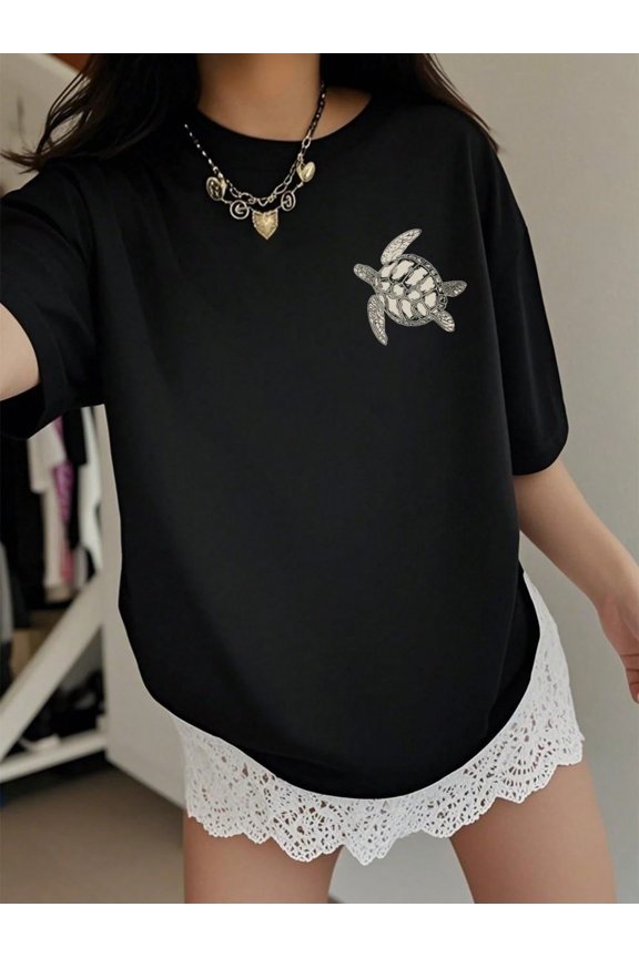 Unique Sea Turtle Print Black T Shirt