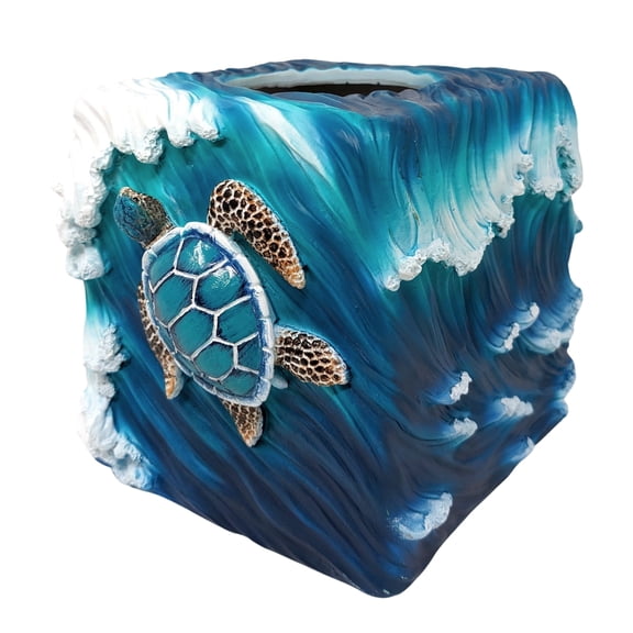Unique Sea Turtle Wave Tissue Box Cover - Coastal Beach Theme for Bathroom or Guest Bath - Beach House Decor - Nautical and Ocean-themed Square Napkin Box Cover