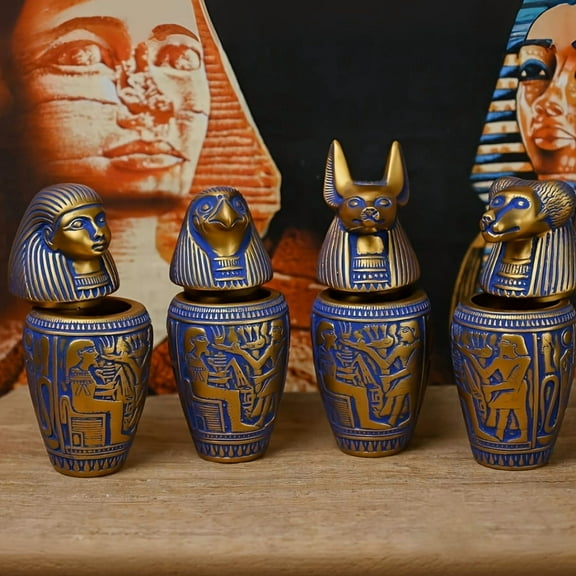 A Unique Set of Four Ancient Egyptian Canopic Jar Sculptures, Featuring Hieroglyphics, Serving as Organ Statues and Table Ornaments, Crafted from Resin for Distinctive Home Decoration