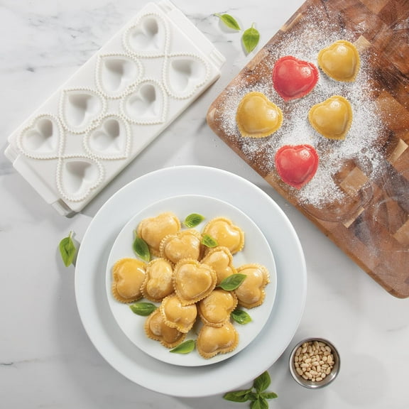 Mini 2" Heart Ravioli Molds for Valentine's Day- Homemade Filled Pasta Maker- 2 pc Tray & Press makes 8 Stuffed Raviolis, Easy to Use & Clean Set- Italian Dinner Party, Gift, Galentine Fun