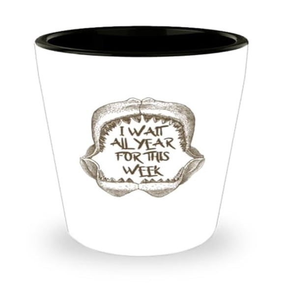 Unique Shark Week Shot Glass, I Wait All Year For This Quote, Great White Souvenir, Mini Glassware Gift, 1.5oz Beverage