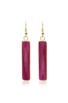 Unique Simulated Ruby Rectangular Bars on Gold-Plated Over Brass Earrings