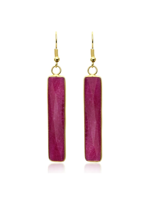 Unique Simulated Ruby Rectangular Bars on Gold-Plated Over Brass Earrings