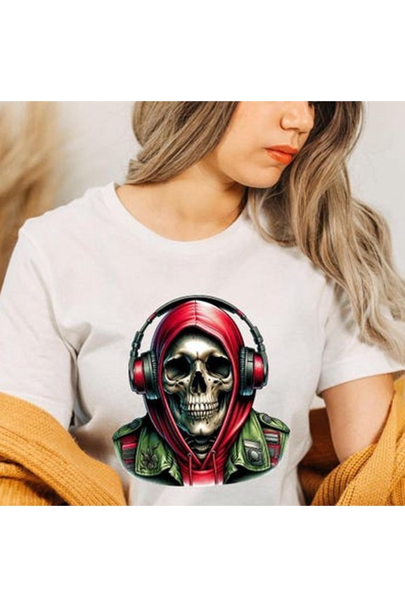Unique Skeleton Skull in Hoodie Unisex T-Shirt with Headphones - Artistic Skull Tee Top, Cool Music Lover Shirt, Trendy Casual Wear Gift Idea