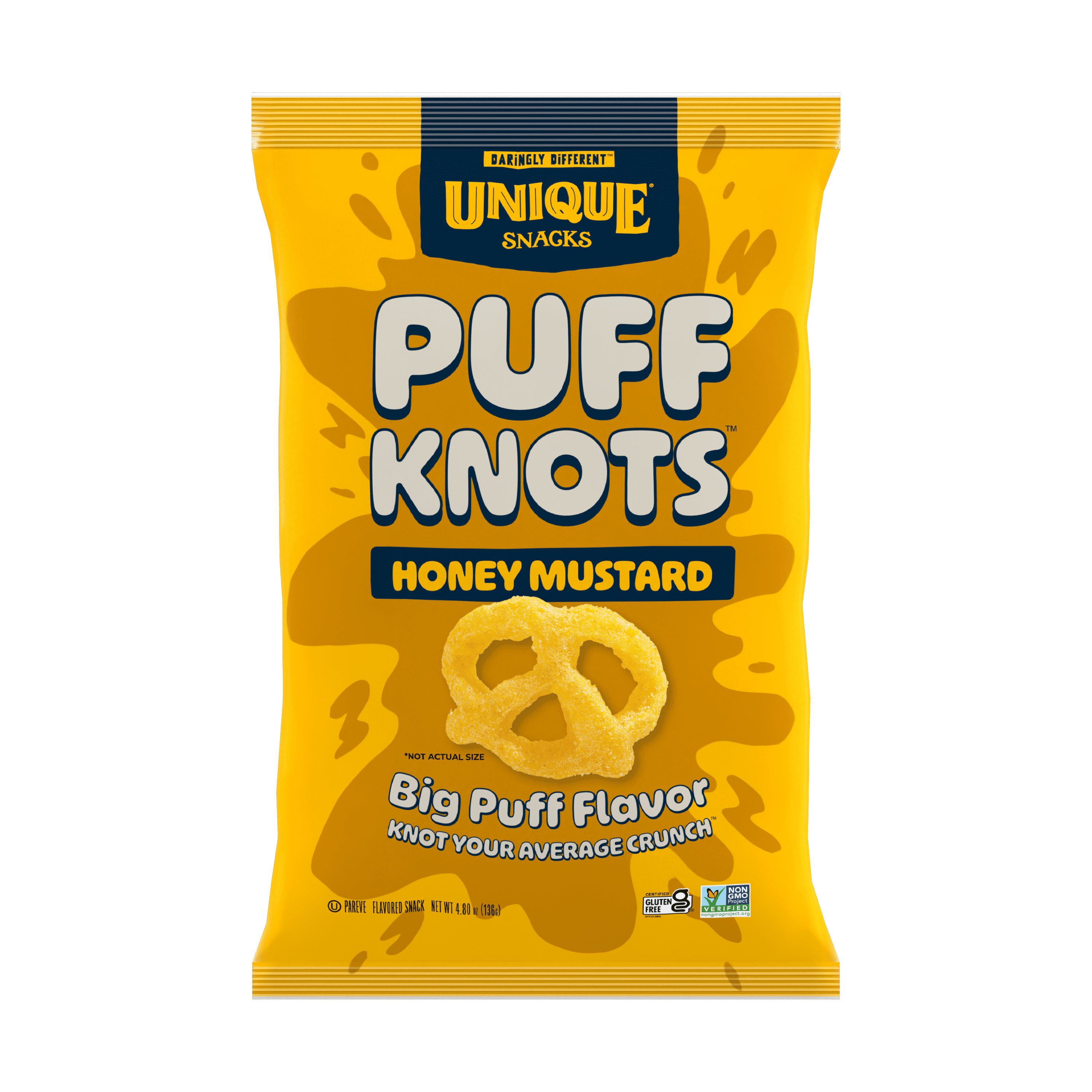 Unique Snacks Gluten-Free Vegan Honey Mustard  Puff Knots, 4.8 Ounce Bag, Pack of 6