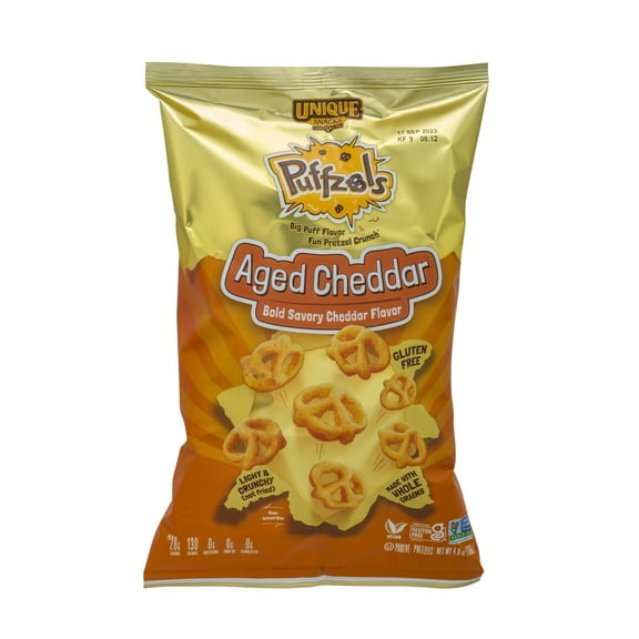 Unique Snacks Puffzels, Aged Cheddar, Gluten-Free Vegan Snacks, 4.8 Ounce Bags, Pack of 6