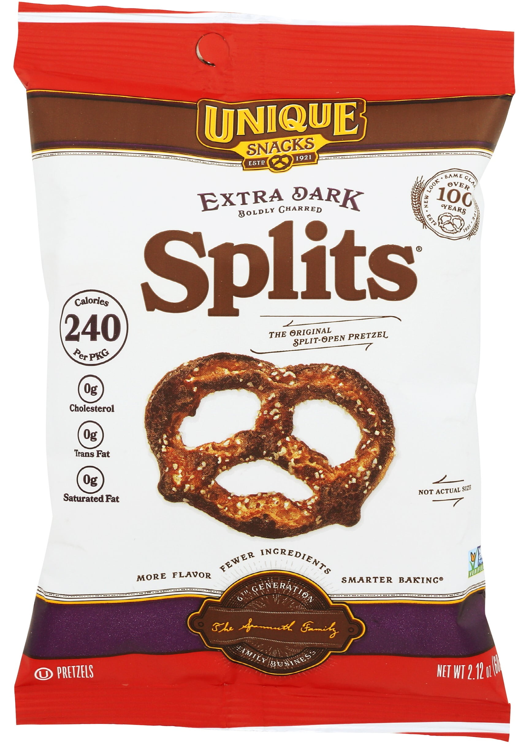 Unique Snacks - Unique Pretzels Extra Dark Flavored Pretzel Splits, All Natural Baked, 2.1 Ounce Bags, (Pack of 24)